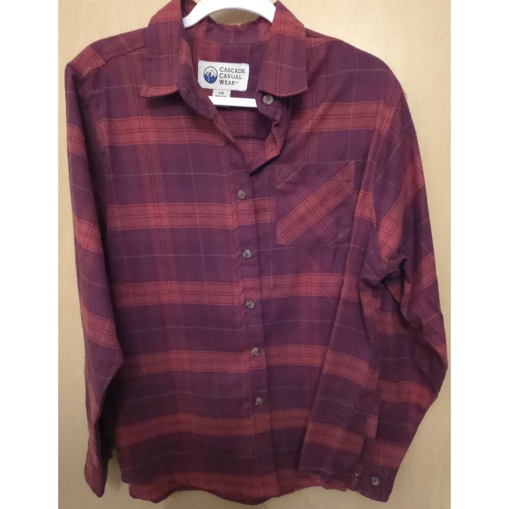 Cascade Casual Wear Flannel Men's 100% Cotton Red Button Front Shirt Size Large